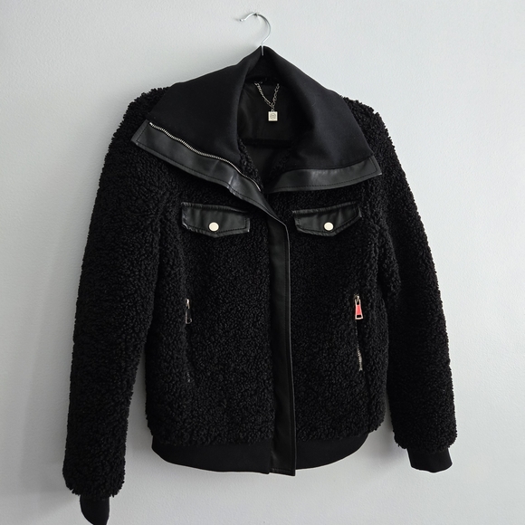 Black Sherpa Jacket with Leather Accents - Picture 9 of 12